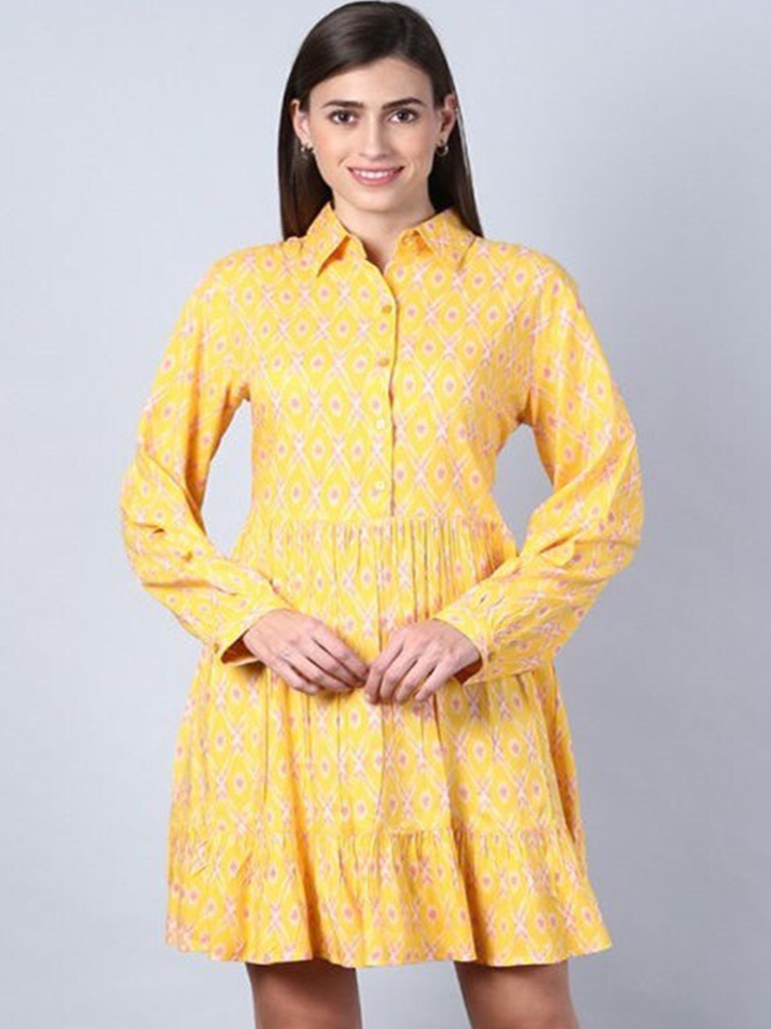 

Aila Geometric Printed Shirt Collar Cotton A-Line Dress, Yellow