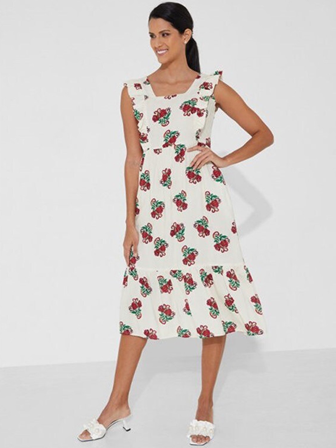 

Aila Floral Print Ruffled Fit & Flare Midi Dress, Off white