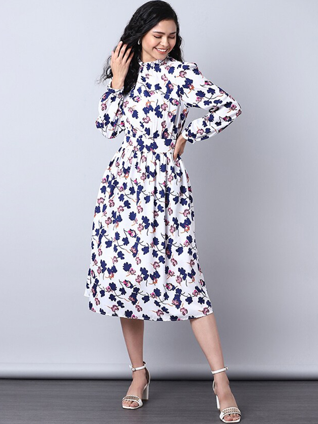 

Aila Floral Printed High Neck Cuffed Sleeves Fit & flare Dress, White