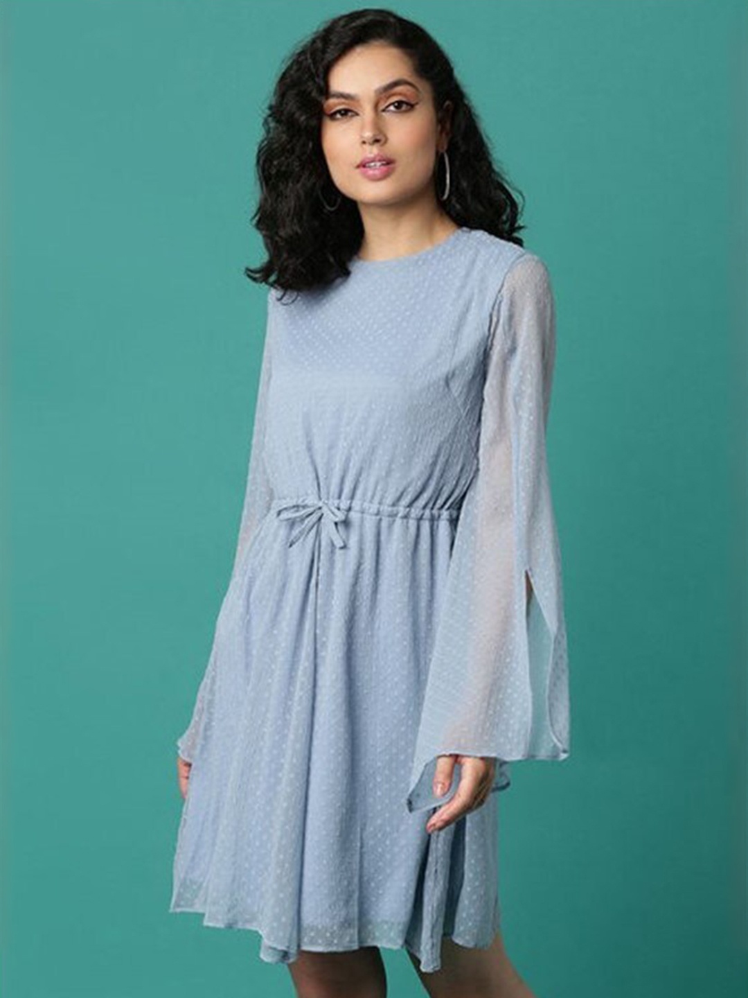 

Aila Self Design Long Sleeves Tie-Ups Fit & flare Dress, Navy blue