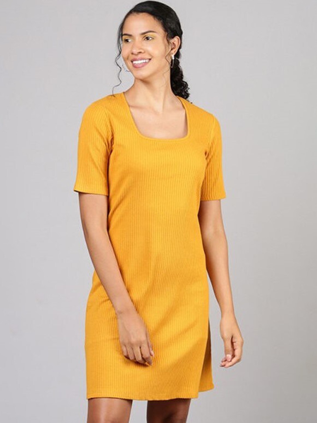 

Aila Ribbed Square Neck Sheath Dress, Yellow