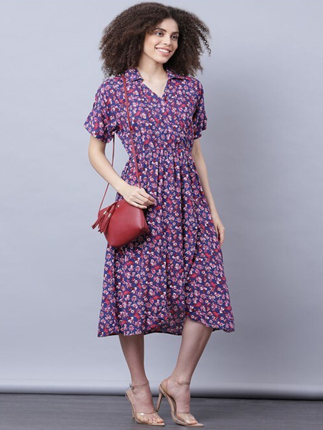 

Aila Floral Printed A-Line Midi Dress, Purple