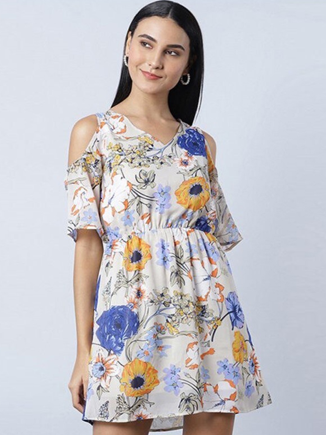 

Aila Floral Printed Cold-Shoulder Sleeves Gathered Fit & Flare Dress, White