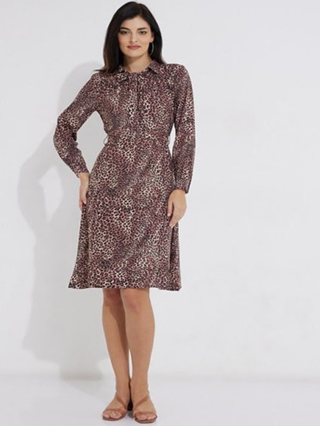 

Aila Animal Printed Shirt Collar Gathered Fit & Flare Dress, Brown