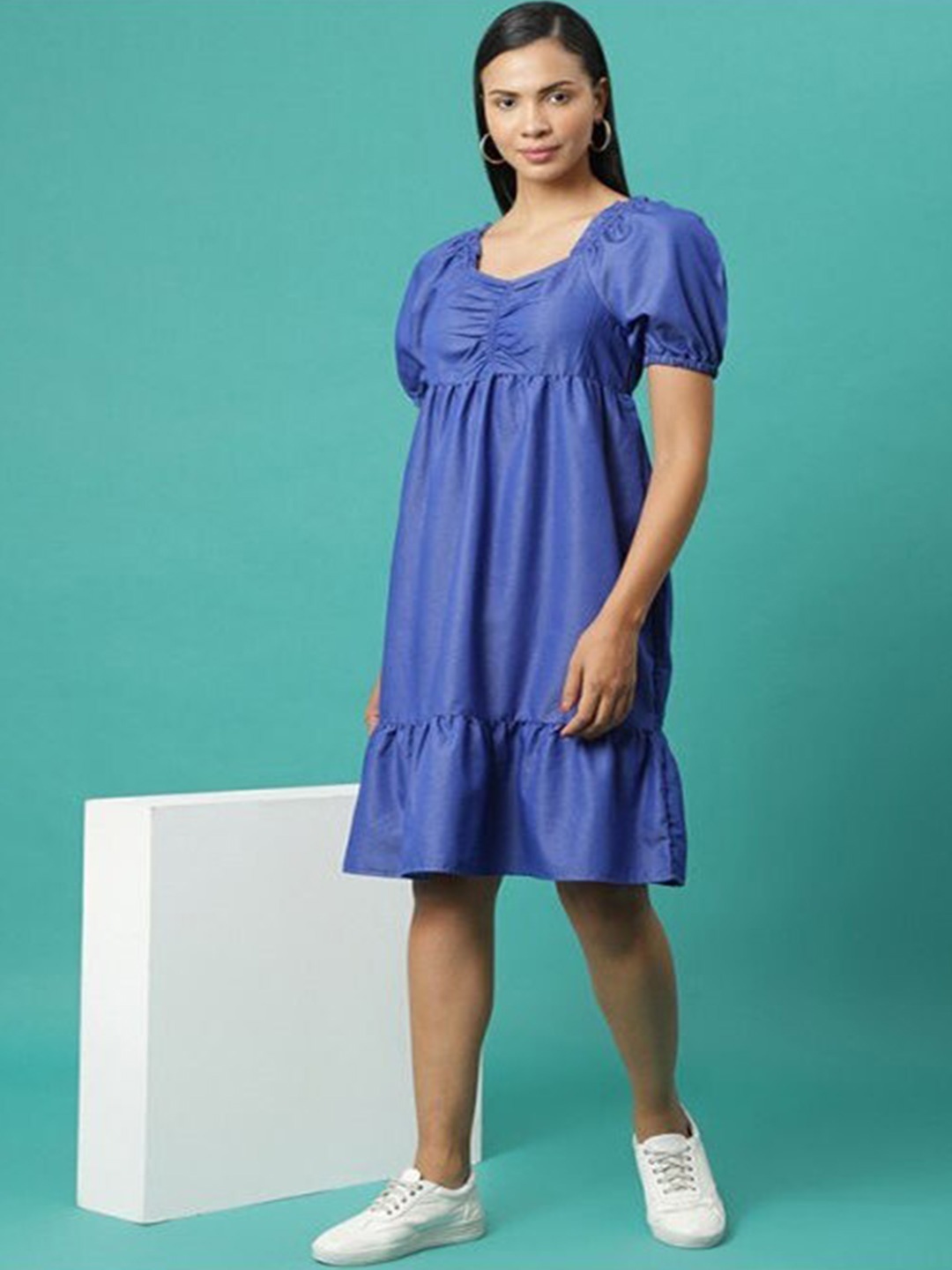

Aila Puff Sleeve A-Line Cotton Dress, Blue