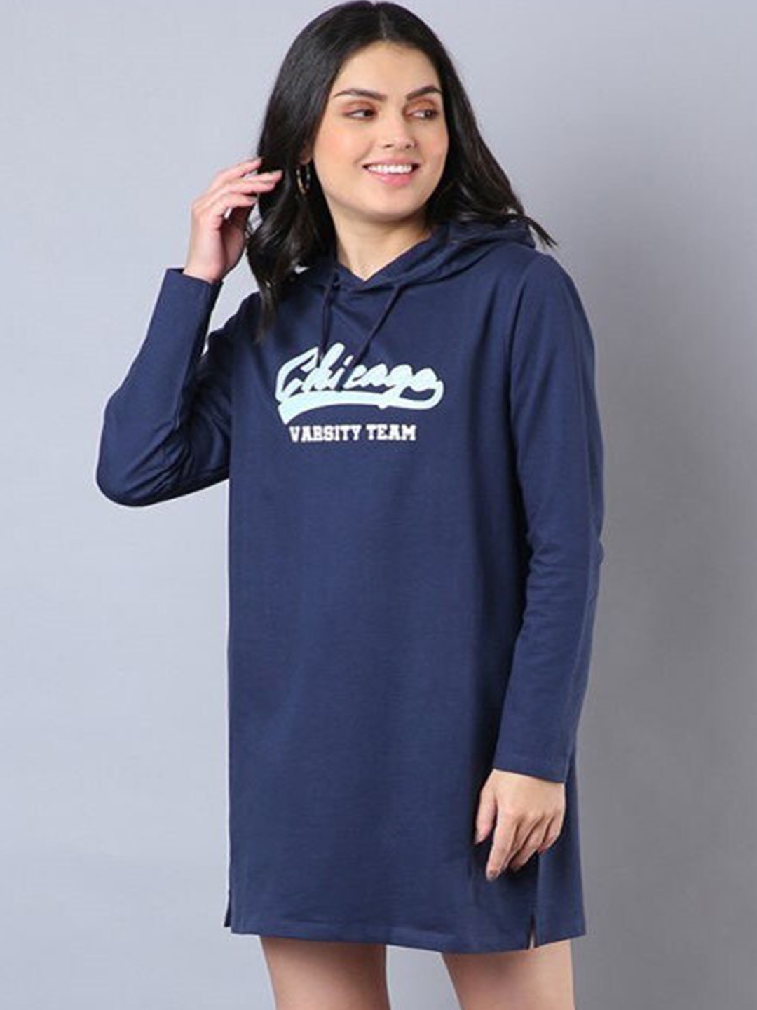 

Aila Typography Printed Hooded Cotton T-shirt Dress, Navy blue