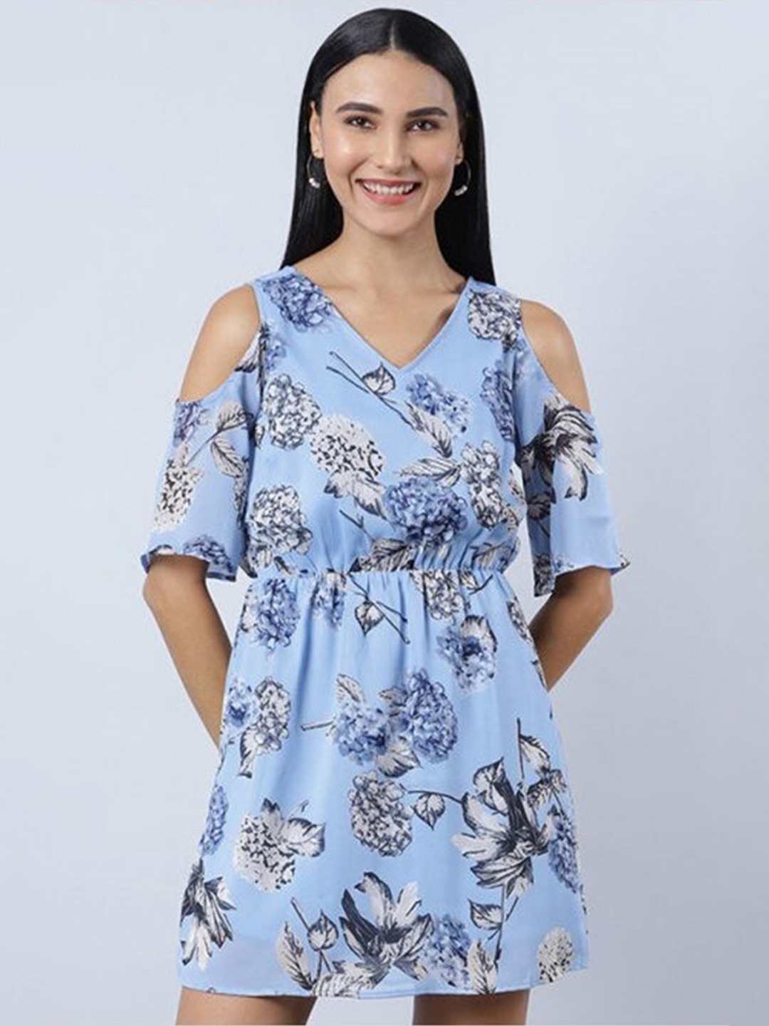 

Aila Floral Printed Cold-Shoulder Fit & Flare Dress, Blue