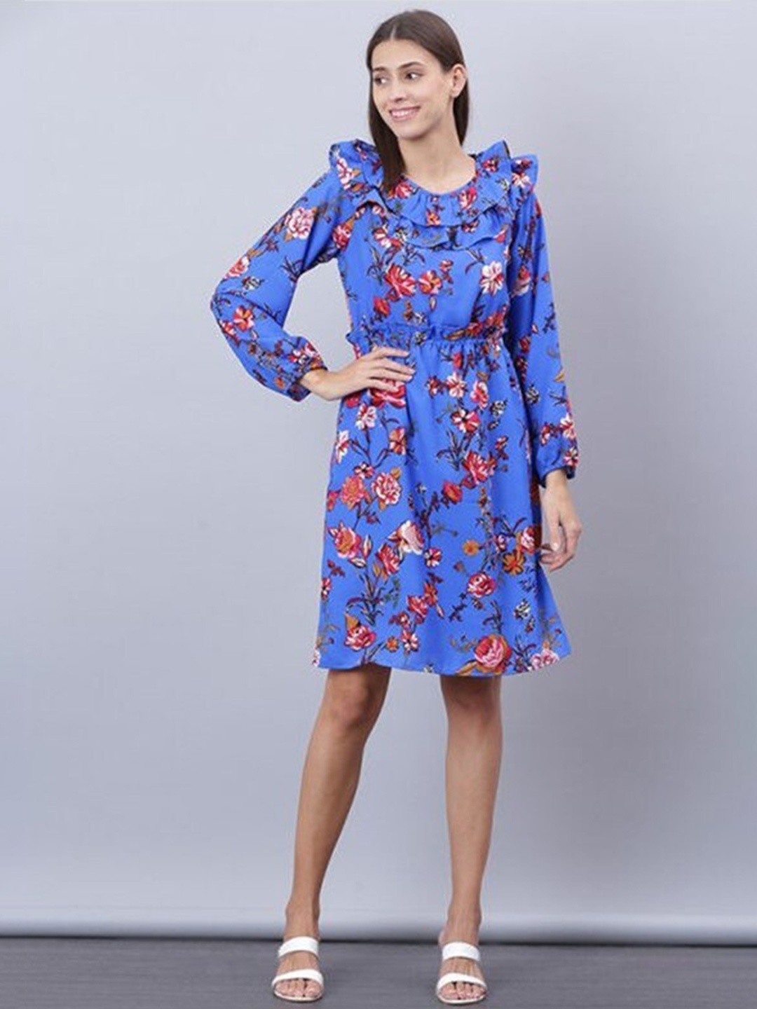 

Aila Floral Print Ruffled Fit & Flare Cotton Midi Dress, Blue