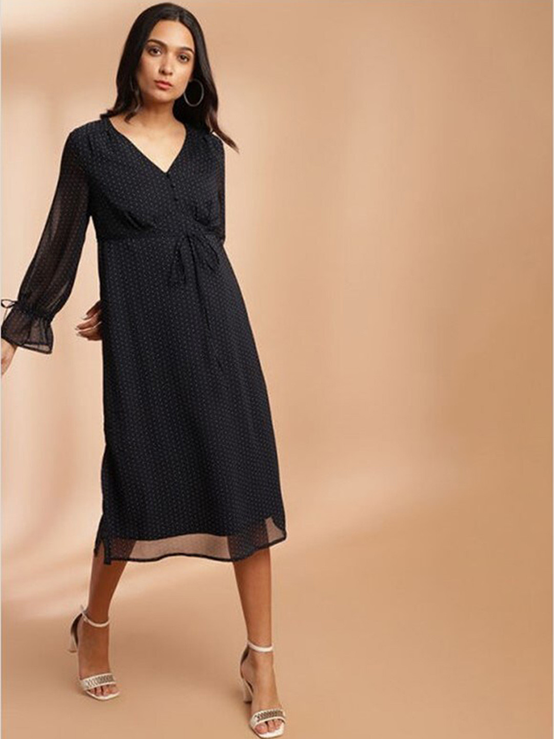 

Aila Self Design V-Neck A-Line Midi Dress, Navy blue