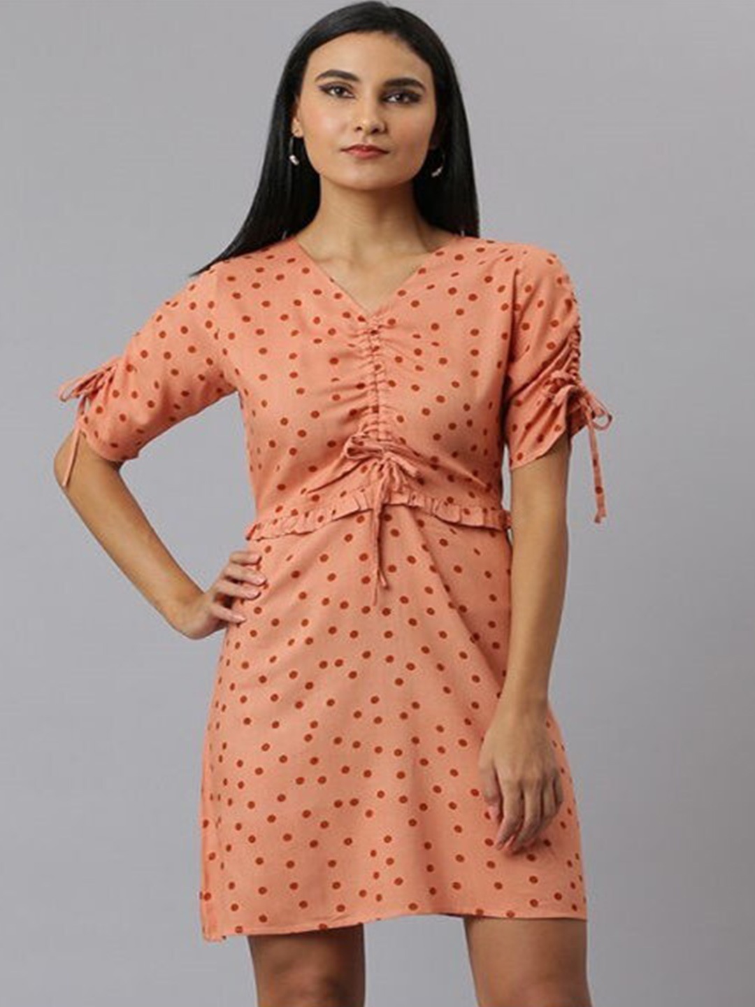 

Aila Polka Dot Printed V-Neck A-Line Dress, Copper