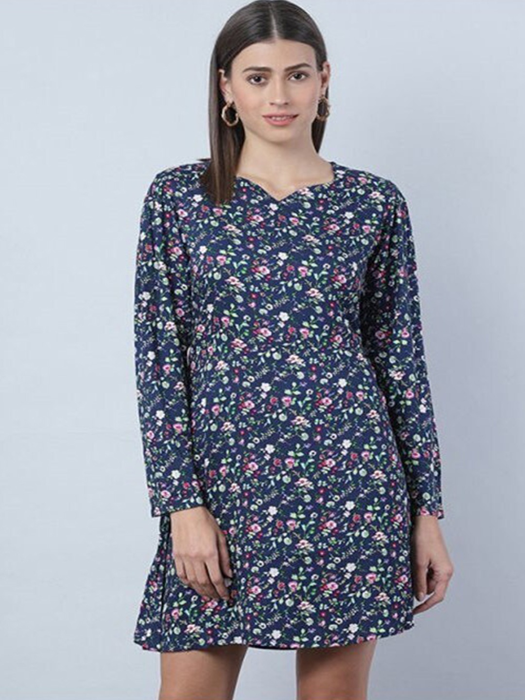 

Aila Floral Printed Sweetheart Neck A-Line Mini Dress, Navy blue