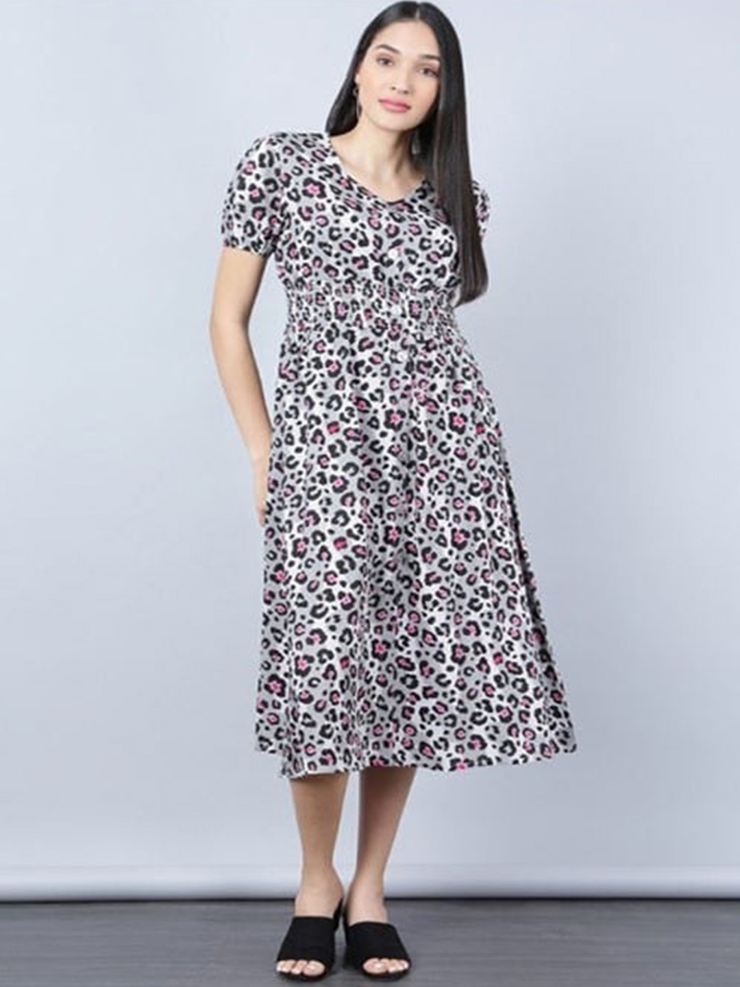 

Aila Abstract Printed Smocked Fit & Flare Midi Dress, White