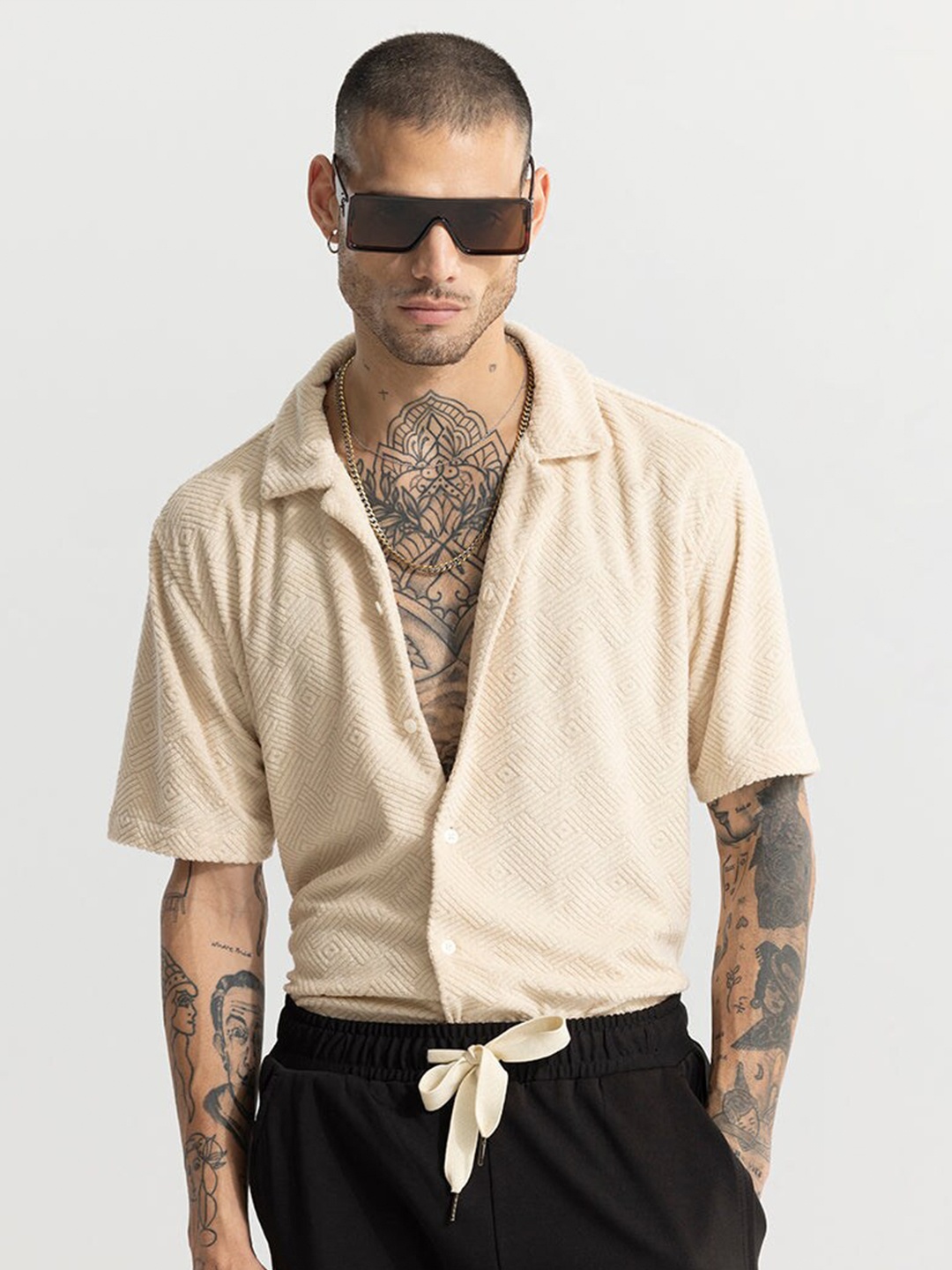 

Snitch Classic Textured Self Design Casual Shirt, Beige