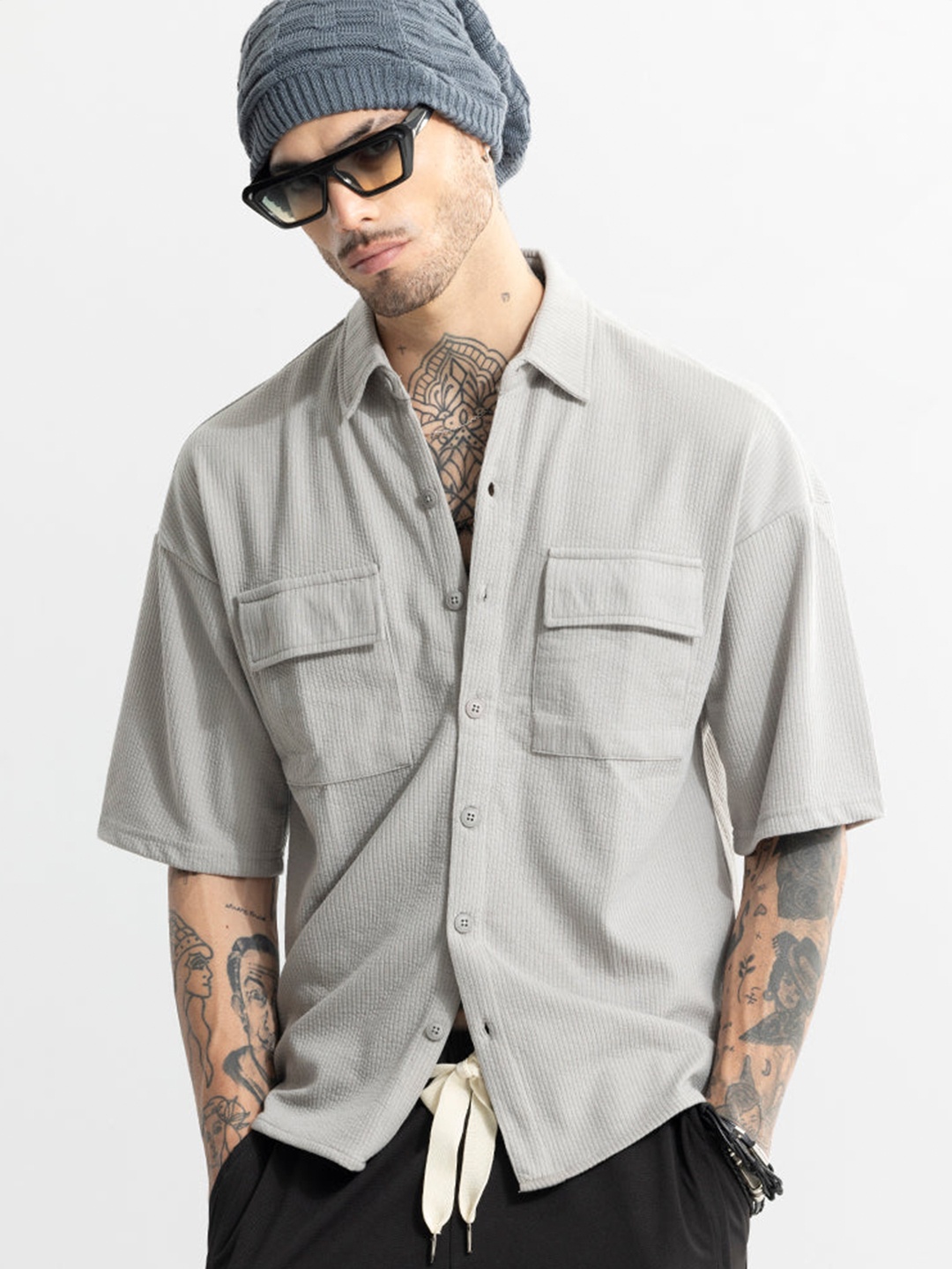 

Snitch Grey Self Design Textured Classic Oversized Casual Shirt