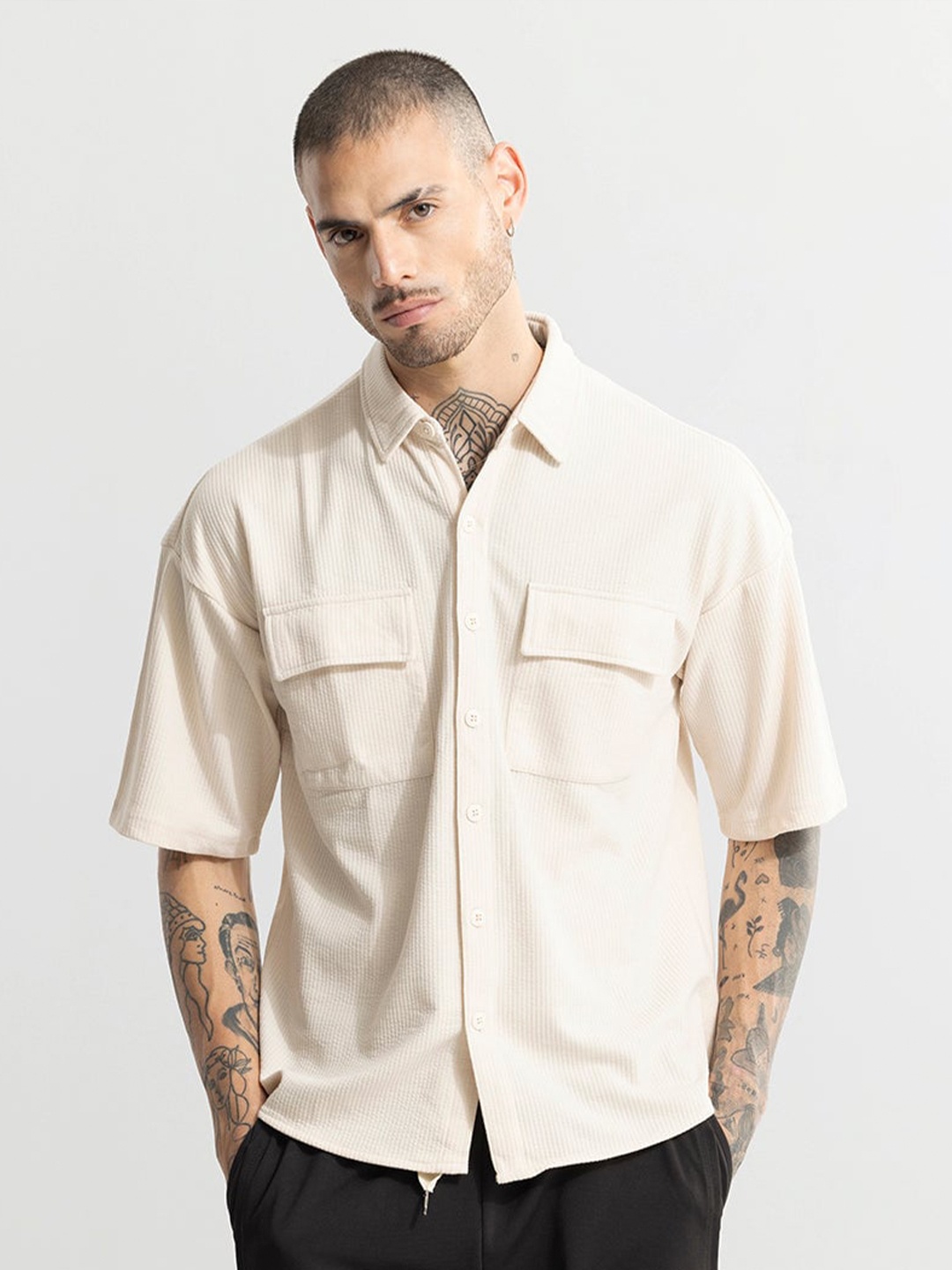 

Snitch Cream-Coloured Self Design Textured Classic Oversized Casual Shirt