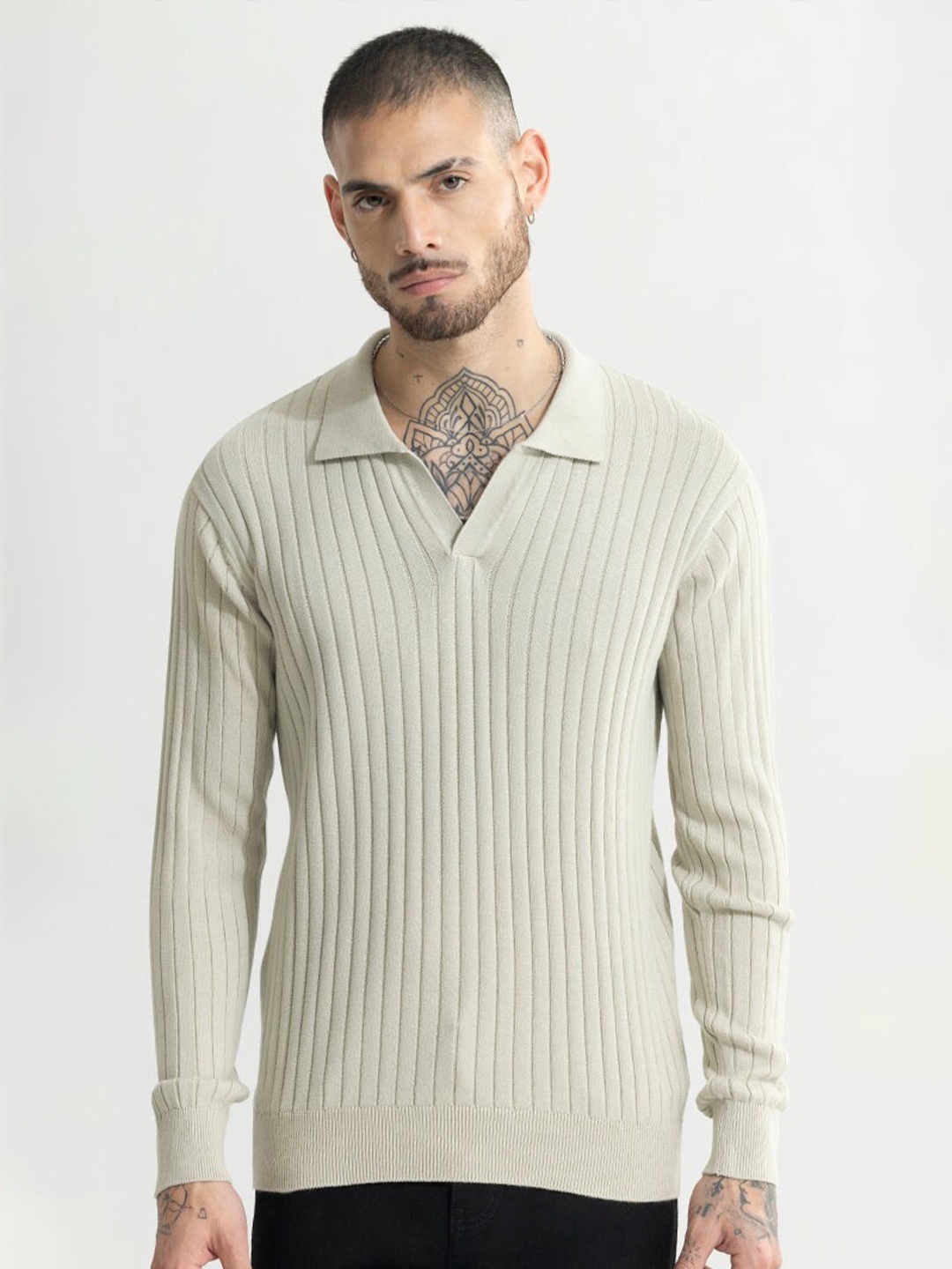 

Snitch Cream-Coloured Self Design Polo Collar Long Sleeves Slim Fit T-shirt