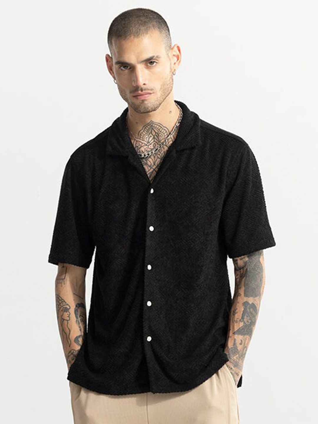 

Snitch Black Self Design Textured Cuban Collar Classic Oversized Casual Shirt