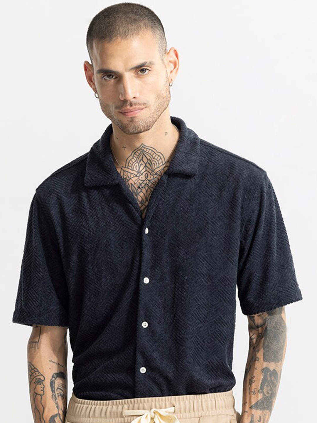 

Snitch Navy Blue Self Design Textured Cuban Collar Classic Oversized Casual Shirt