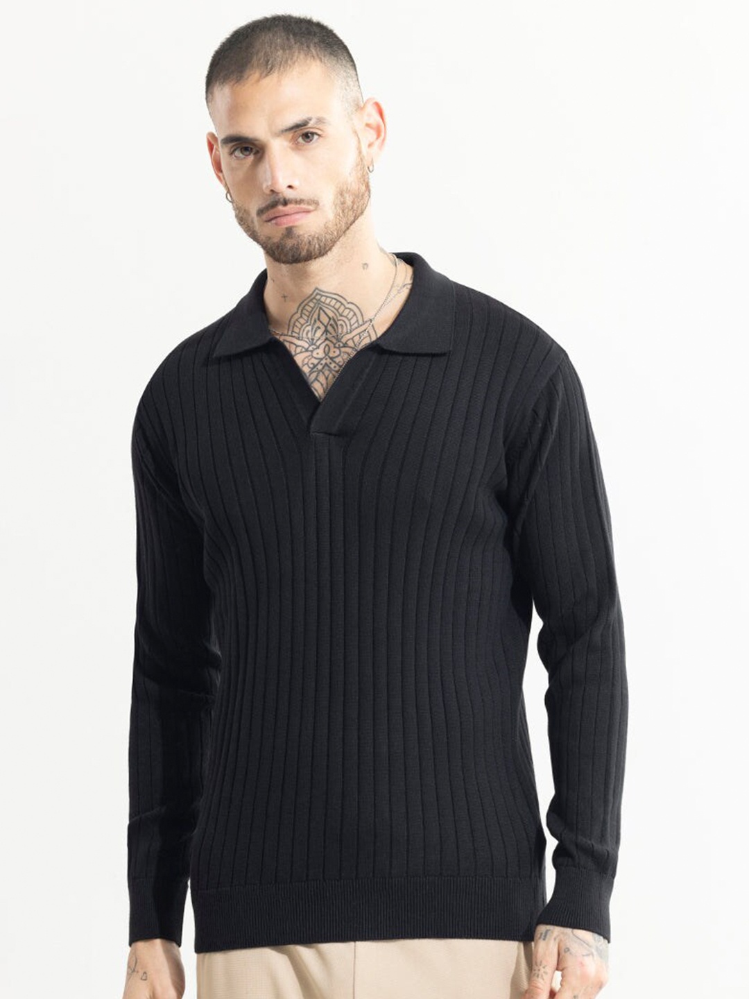 

Snitch Black Self Design Polo Collar Long Sleeves Slim Fit T-shirt