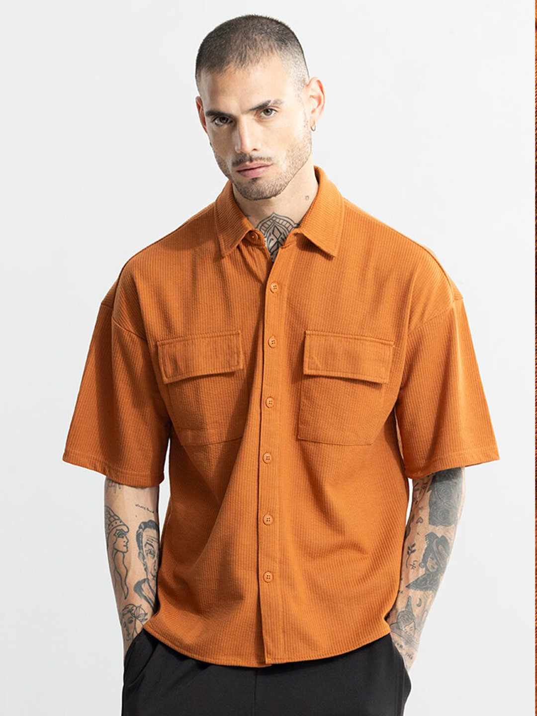 

Snitch Maroon Classic Oversized Fit Textured Drop-Shoulder Sleeves Casual Shirt, Orange