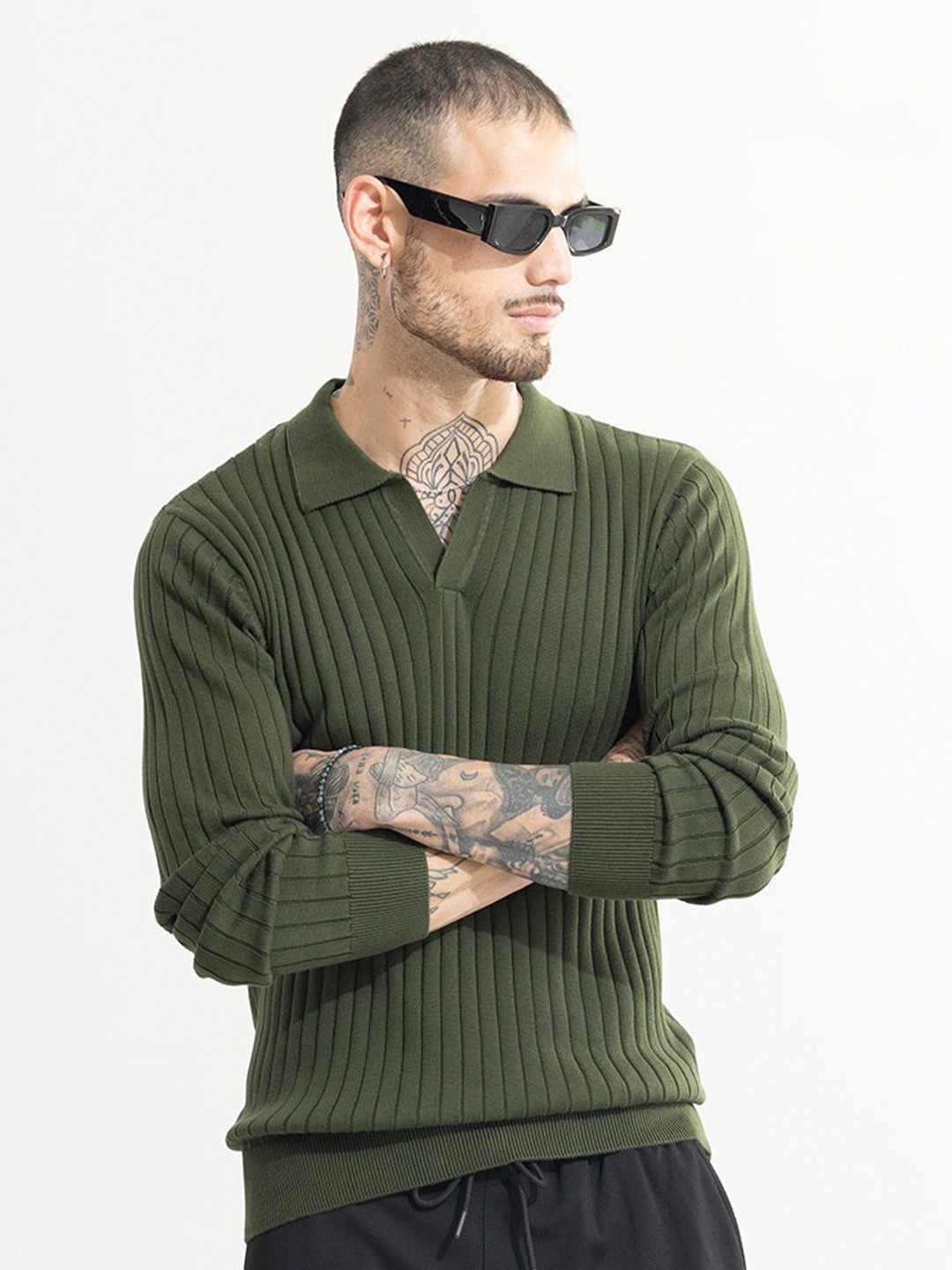 

Snitch Olive Green Self Design Polo Collar Long Sleeves Slim Fit T-shirt
