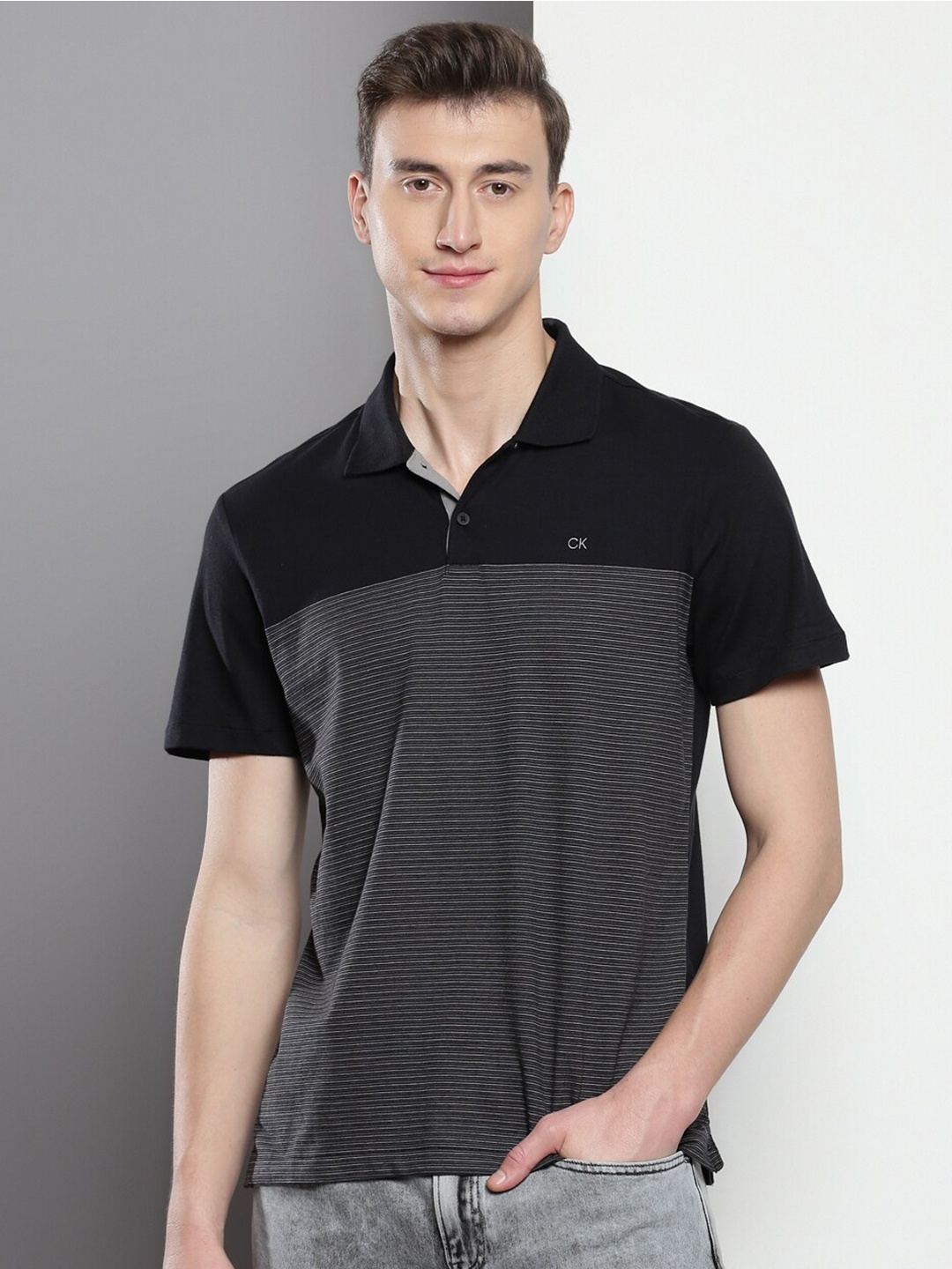 

Calvin Klein Colourblocked Polo Collar Slim Fit Cotton T-shirt, Black