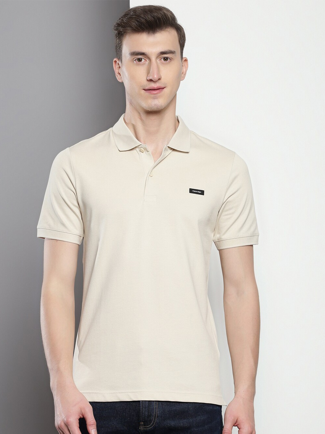 

Calvin Klein Polo Collar Slim Fit Cotton Casual T-shirt, Beige