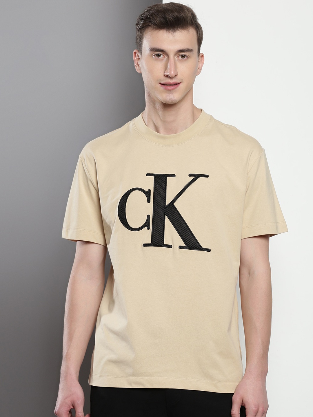 

Calvin Klein Jeans Brand Logo Printed Cotton T-shirt, Beige
