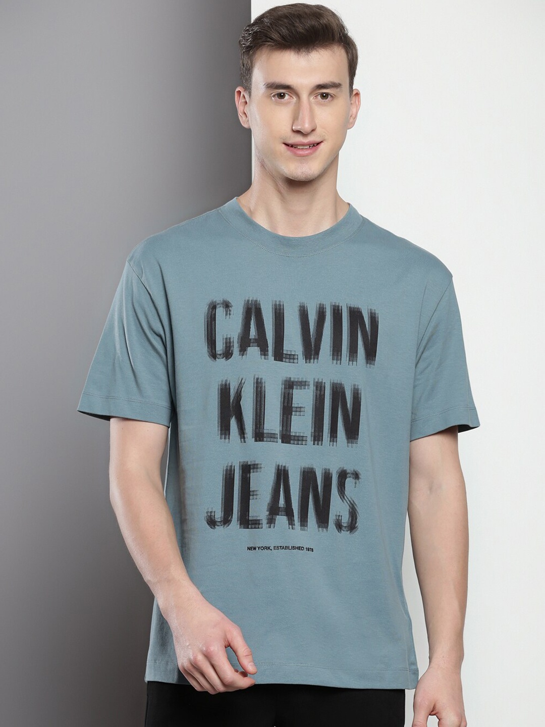 Calvin Klein Jeans Brand Logo Printed Relaxed Fit Cotton T-shirt, Blue