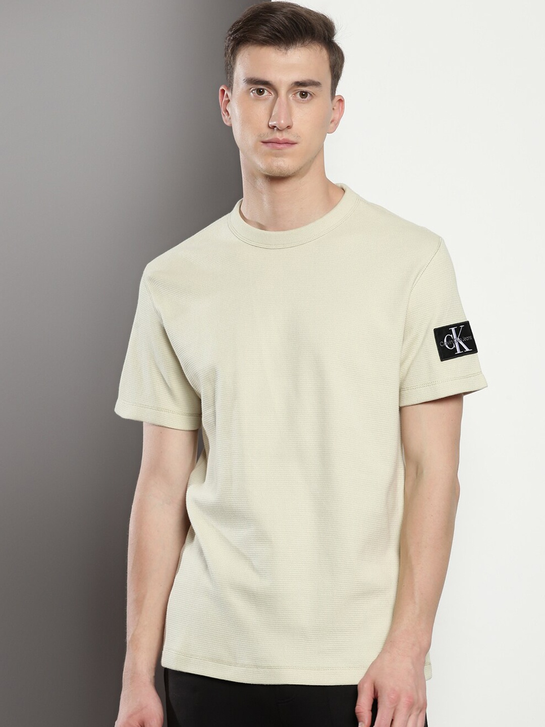 

Calvin Klein Jeans Round Neck Short Sleeves Cotton T-shirt, Beige