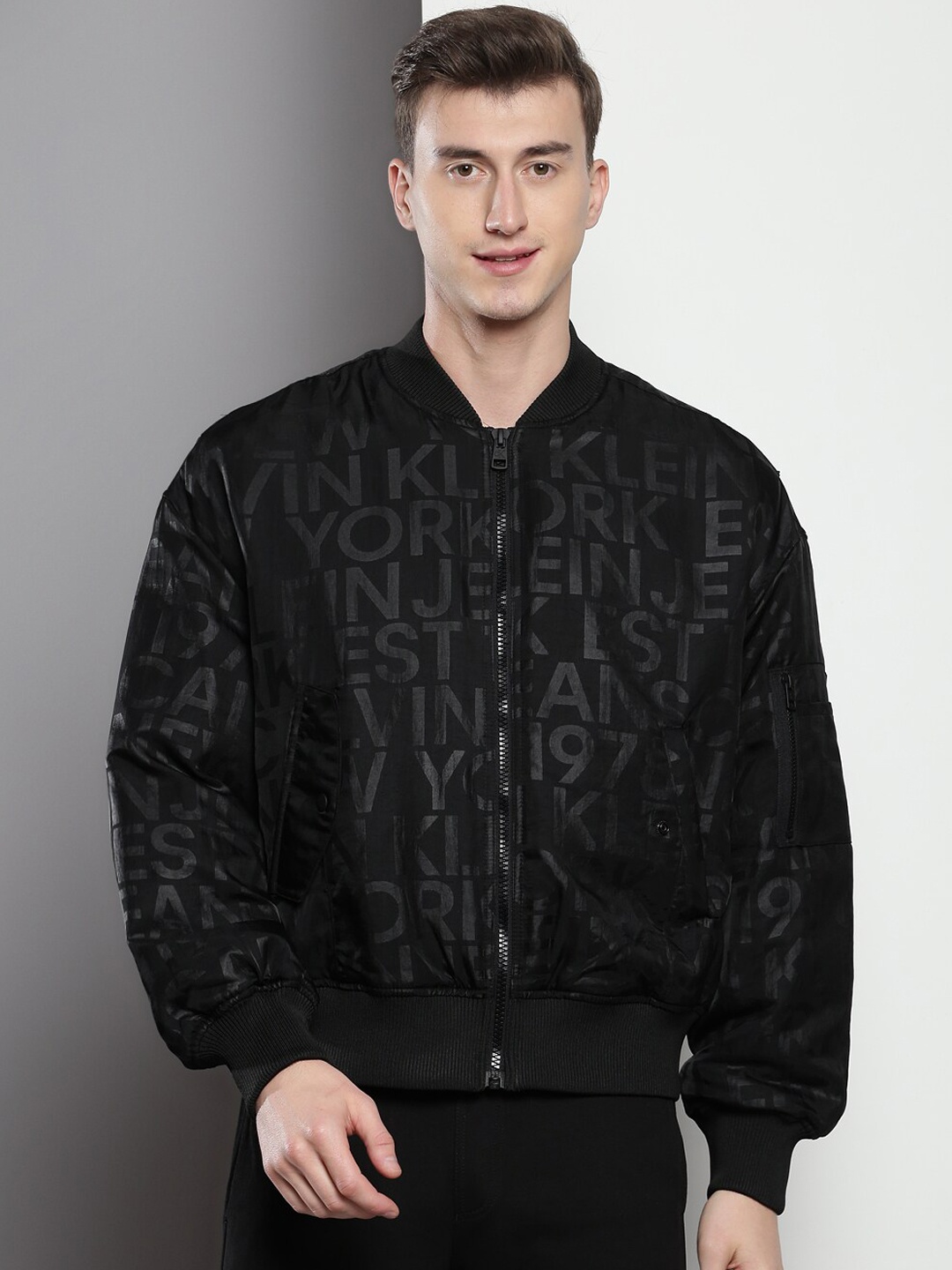 

Calvin Klein Jeans Typography Printed Stand Collar Bomber Jacket, Black