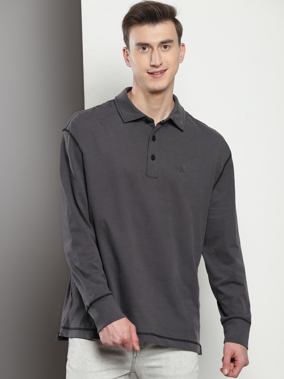 

Calvin Klein Polo Collar Cotton Oversized T-shirt, Charcoal