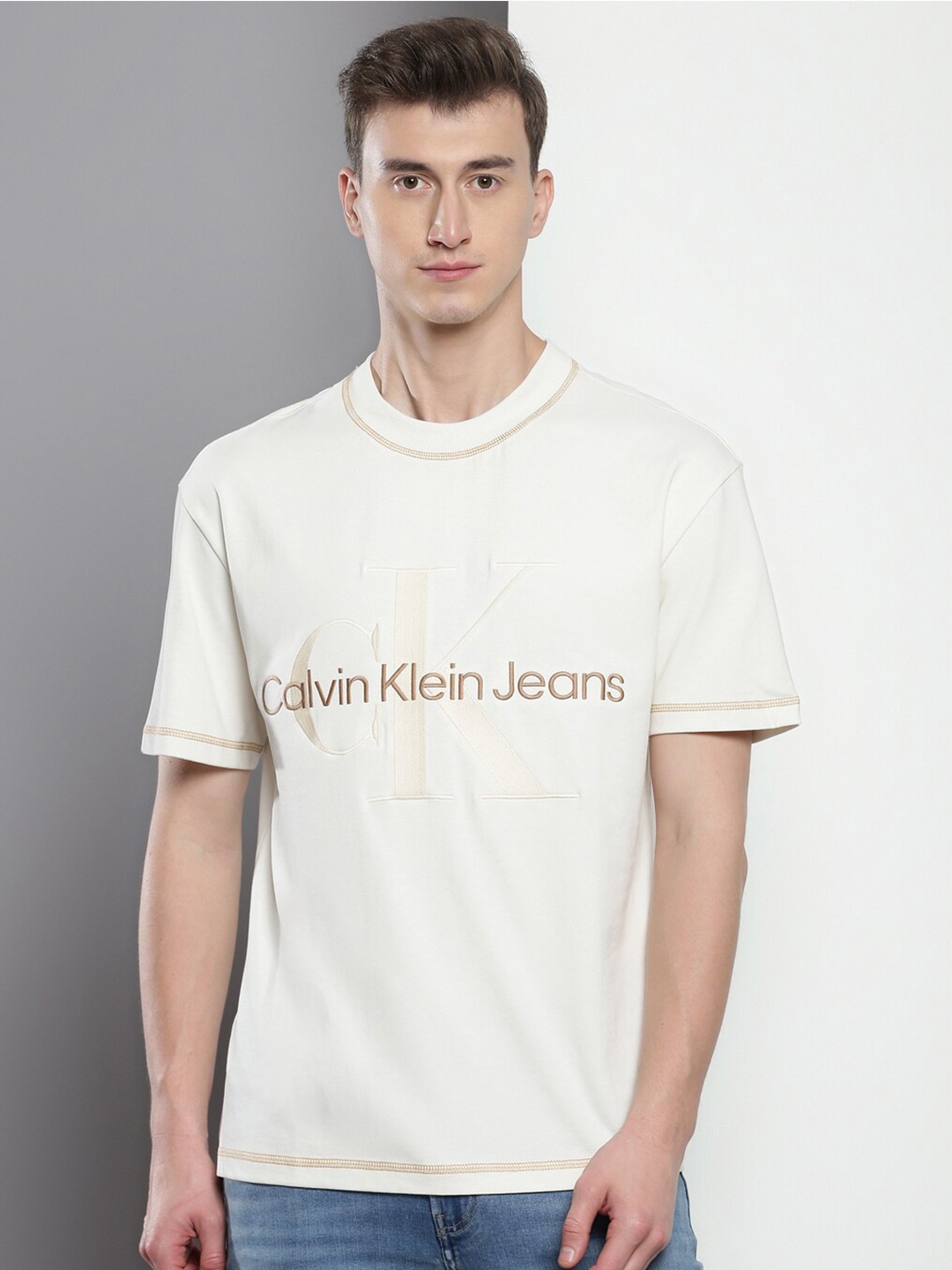 

Calvin Klein Relaxed Fit Brand Logo Embroidered Cotton Casual T-shirt, Beige