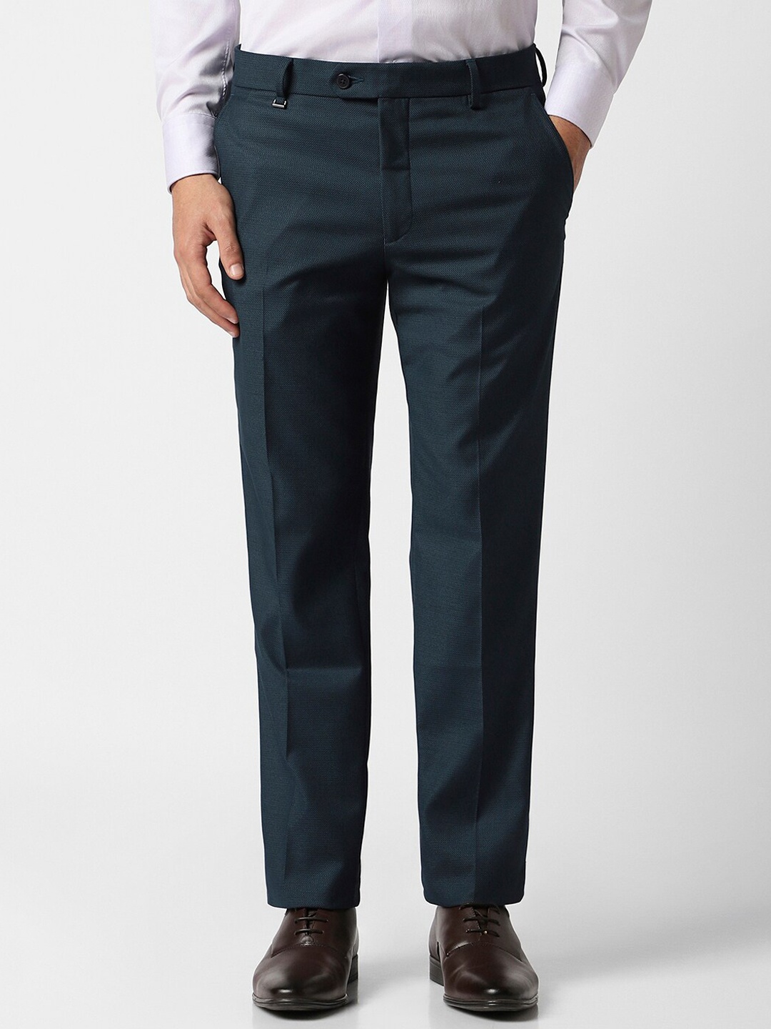 

Van Heusen Men Slim Fit Textured Self Design Formal Trousers, Teal