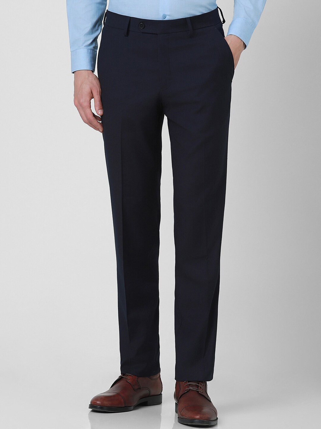 

Van Heusen Men Slim Fit Striped Mid-Rise Plain Formal Trousers, Navy blue