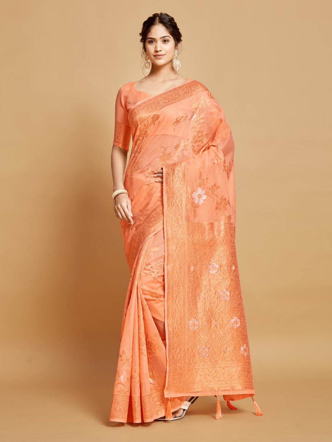 

Dori Ethnic Motifs Woven Design Linen Saree, Peach