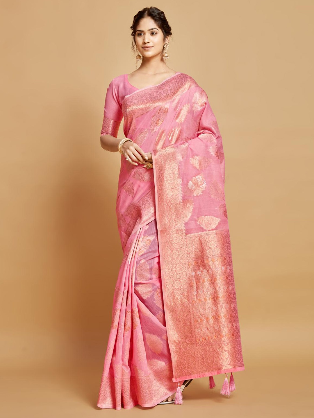 

Dori Ethnic Motifs Woven Design Tassels Saree, Pink