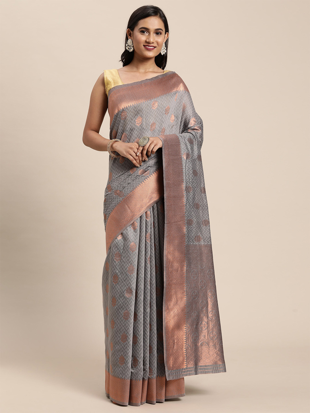 

Dori Ethnic Motifs Woven Design Zari Art Silk Banarasi Saree, Grey