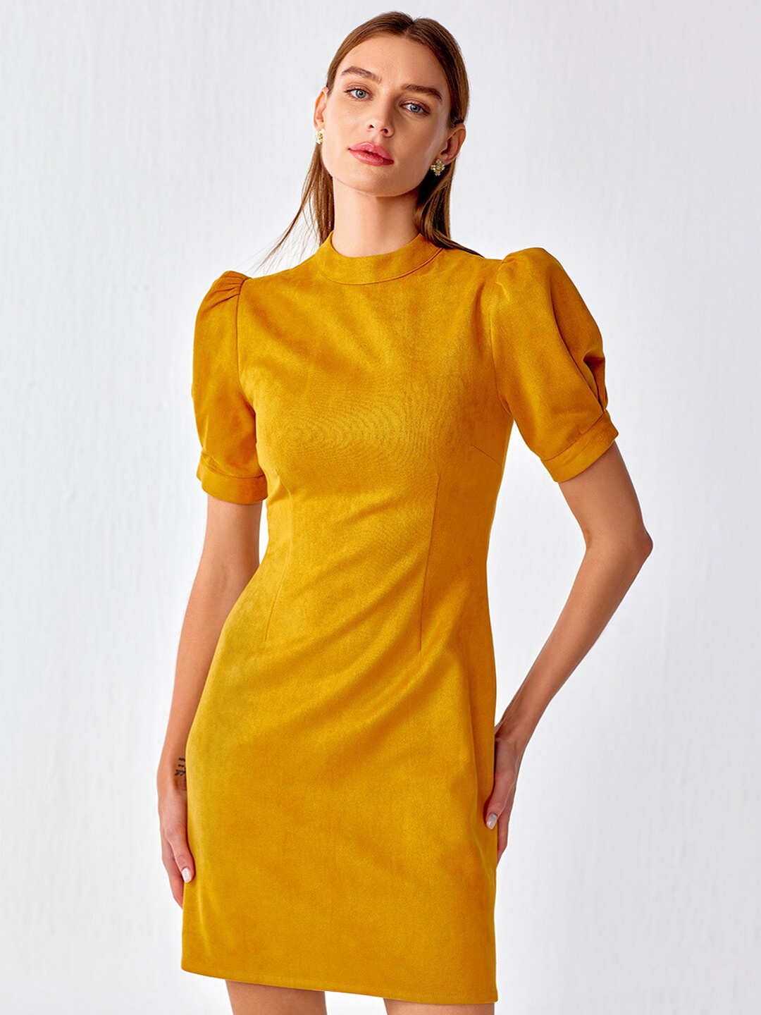 

COVER STORY Mustard Yellow Puff Sleeves Suede Sheath Dress