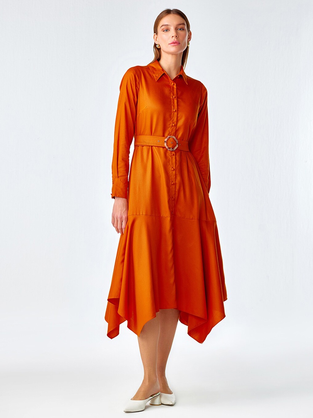 

COVER STORY Asymmetric Hem Belted Shirt Midi Dress, Orange