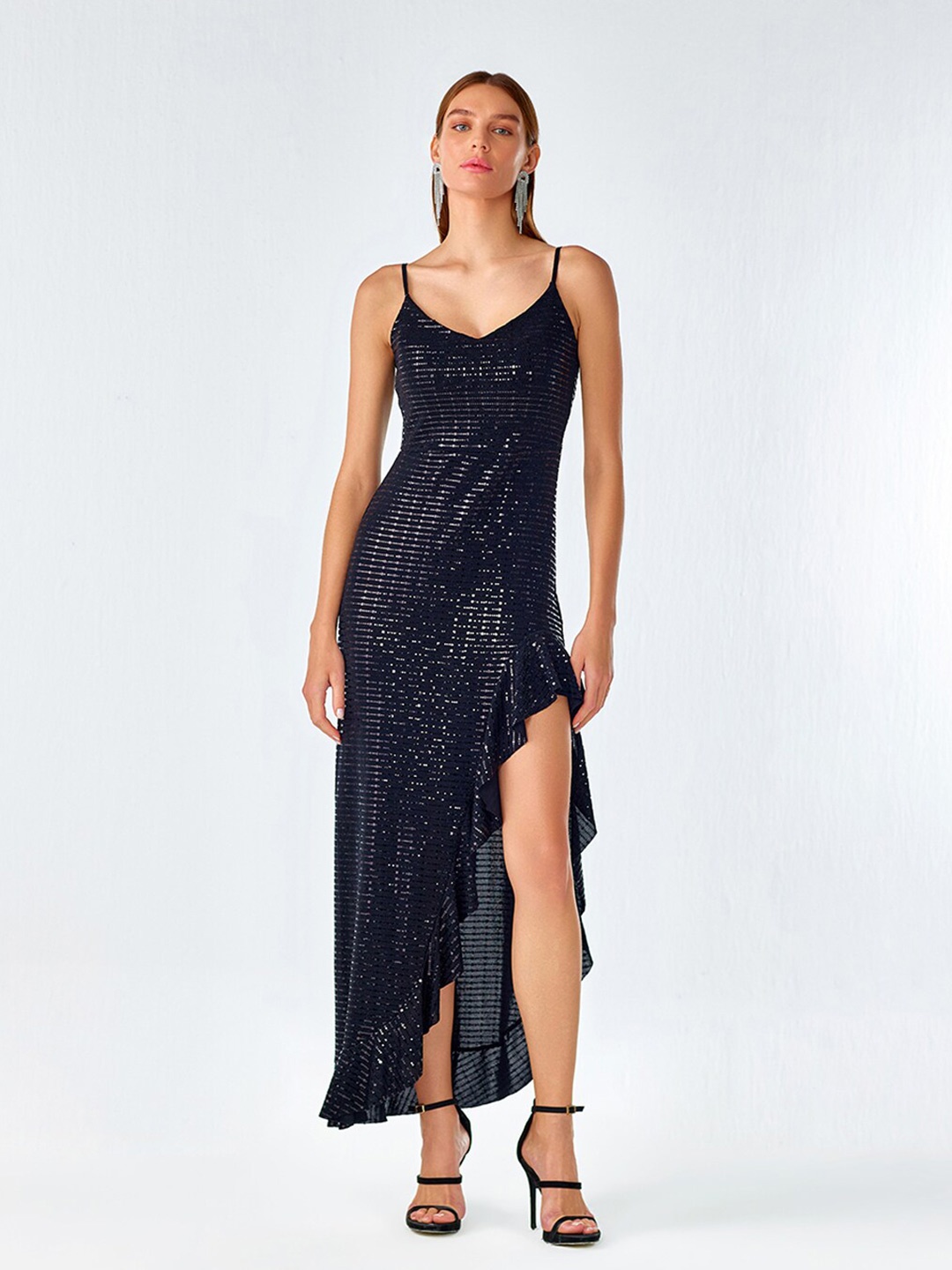

COVER STORY Black Embellished V-neck Shoulder Strap Ruffled Maxi Dress