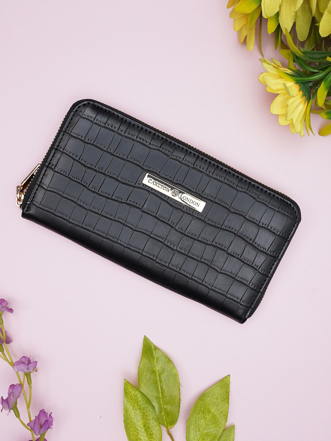 

Carlton London Textured Zip Around Wallet, Black