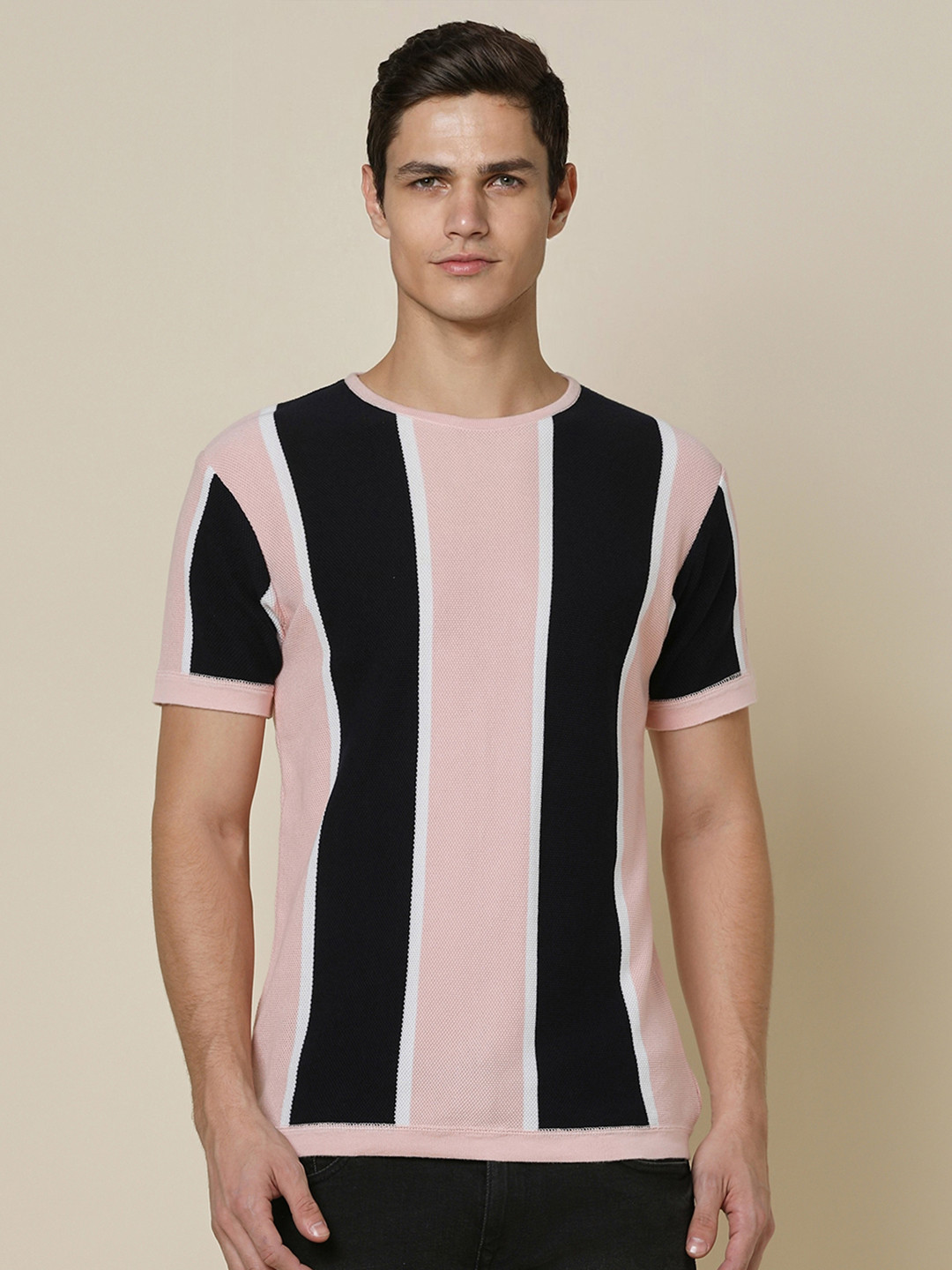 

Allen Solly Striped Round Neck Pure Cotton T-shirt, Pink