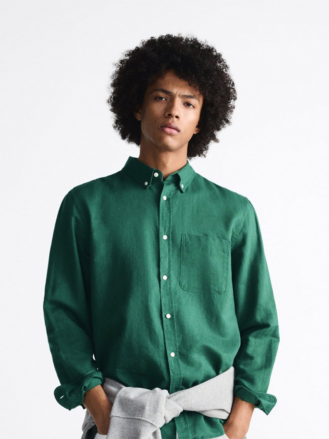 

MISCHIEF MONKEY Button-Down Collar Cotton Casual Shirt, Green