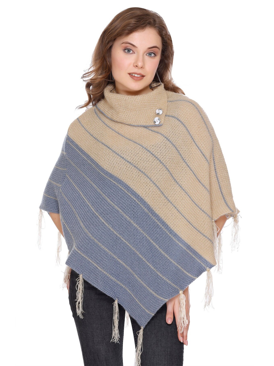 

BAESD Striped Woollen Poncho, Beige