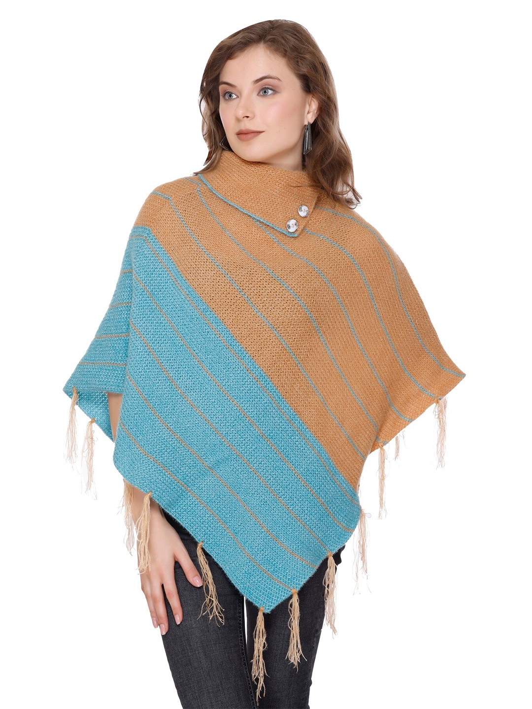 

BAESD Striped Extended Sleeves Woollen Poncho Top, Camel brown