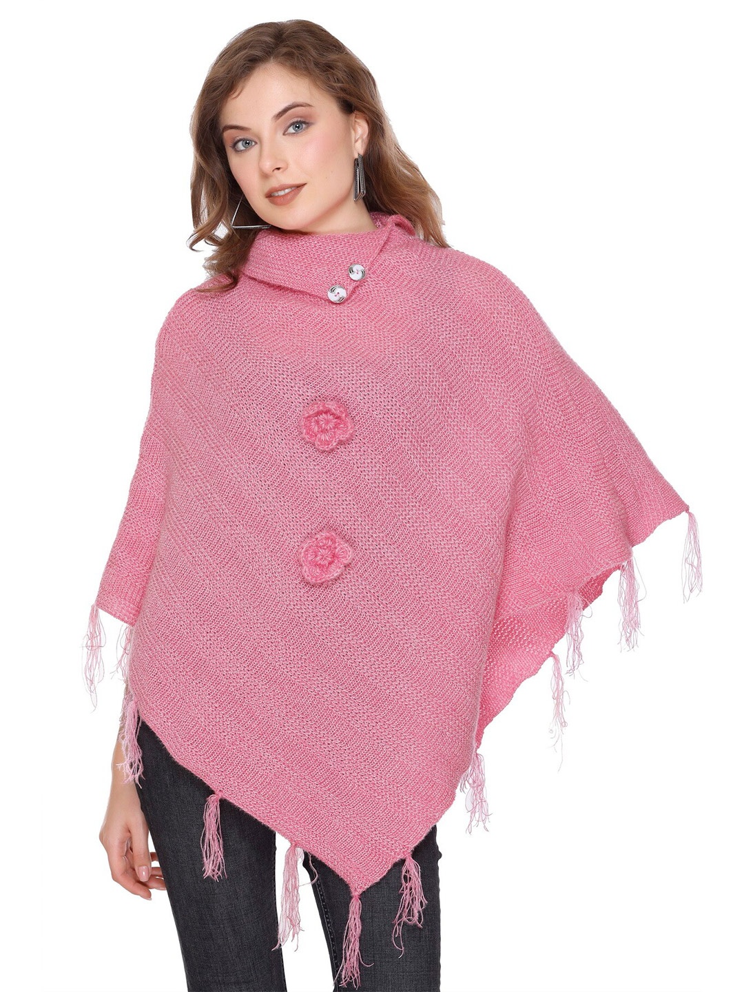 

BAESD Ribbed High Neck Wool Poncho Sweater, Pink