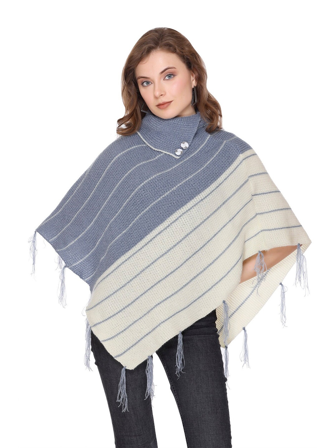 

BAESD Striped Mock Collar Woollen Poncho Sweaters, Grey