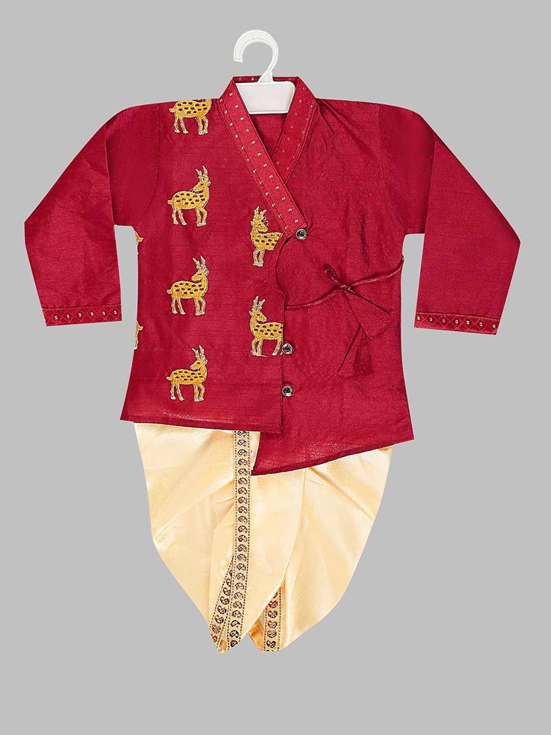 

BAESD Boys Embroidered V-Neck Kurta with Dhoti Pants, Red