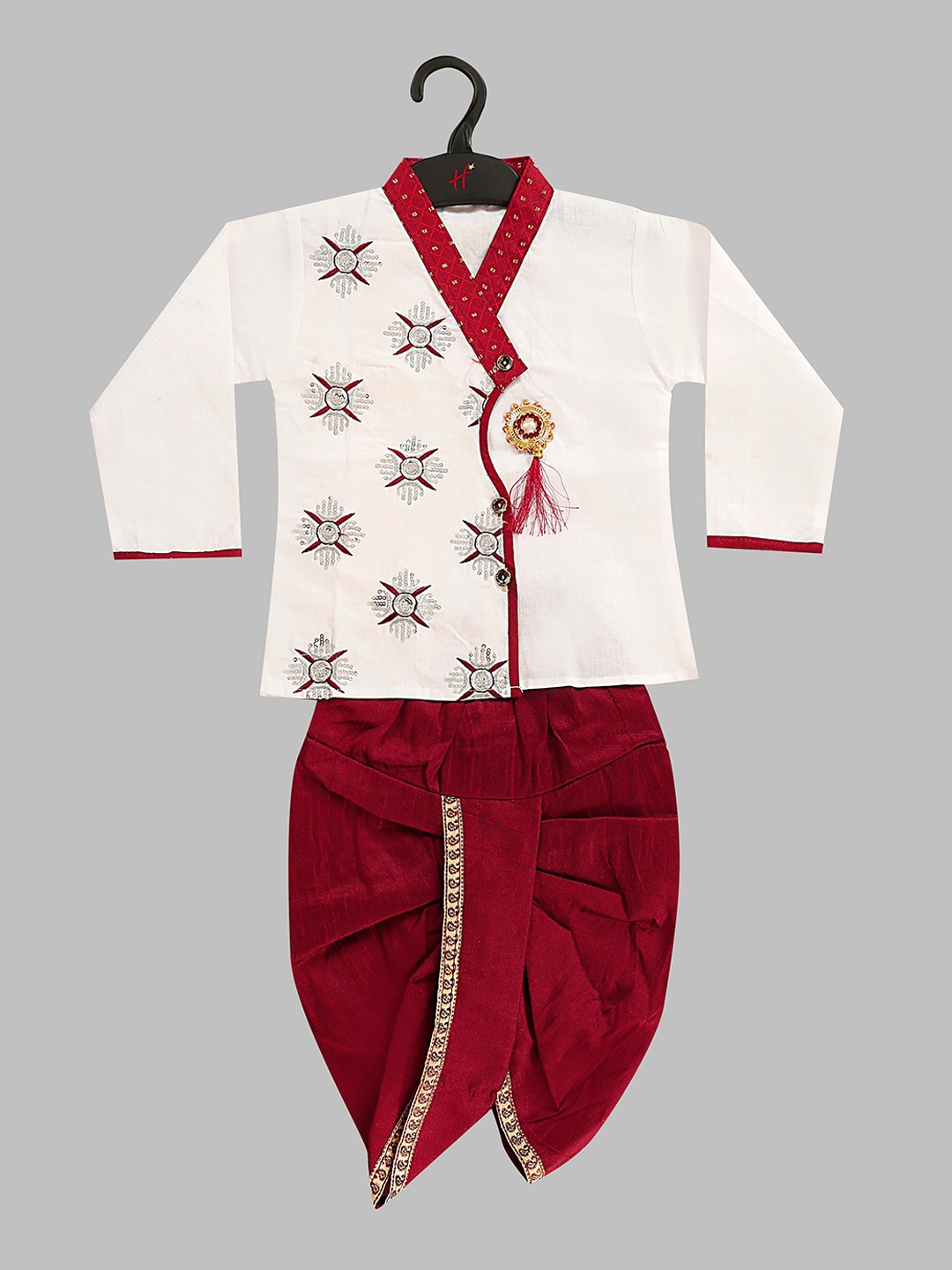 

BAESD Boys Ethnic Motifs Embroidered V-Neck Sequined A-Line Angrakha Kurta with Pyjamas, White
